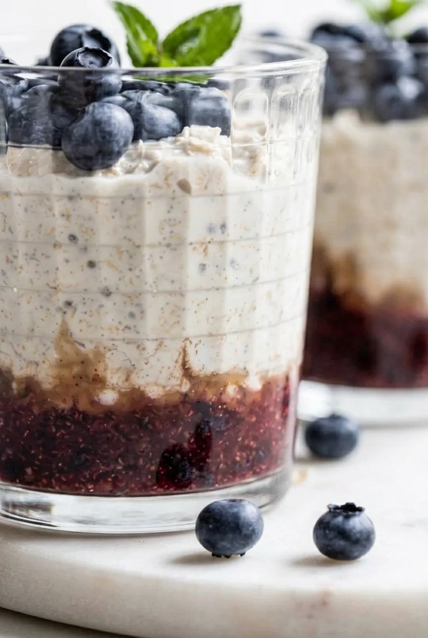 Close view through a glass of jammy blueberries beneath creamy oats, topped with whole berries and mint