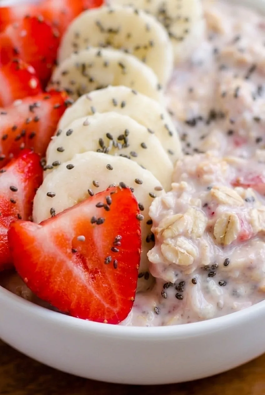 Close view of creamy oat flakes beside strawberry wedges, overlapping banana slices, and chia seeds