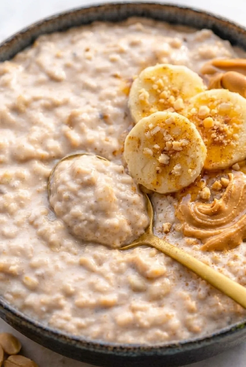Close view of creamy rolled oats beside fresh banana slices and a smooth peanut butter swoosh