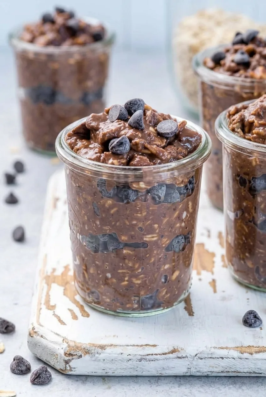 Close view of textured chocolate oats, whole blueberries layered inside a glass jar, and chocolate chips