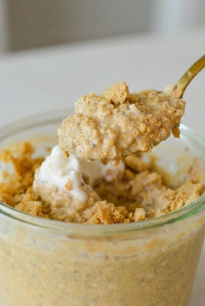 Spoonful of creamy pumpkin overnight oats with visible oat pieces, graham crumbs, and whipped cream