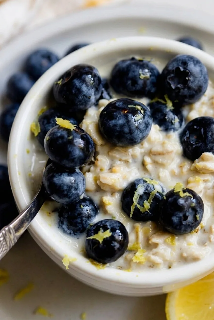 Close view of hydrated lemon overnight oats with whole blueberries and fine lemon zest
