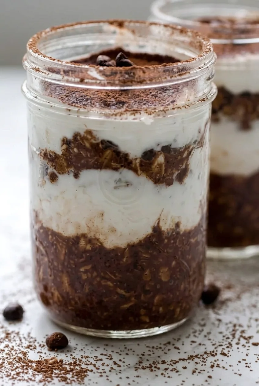 Close view of creamy cocoa-coffee oats against thick white yogurt layers in a glass jar