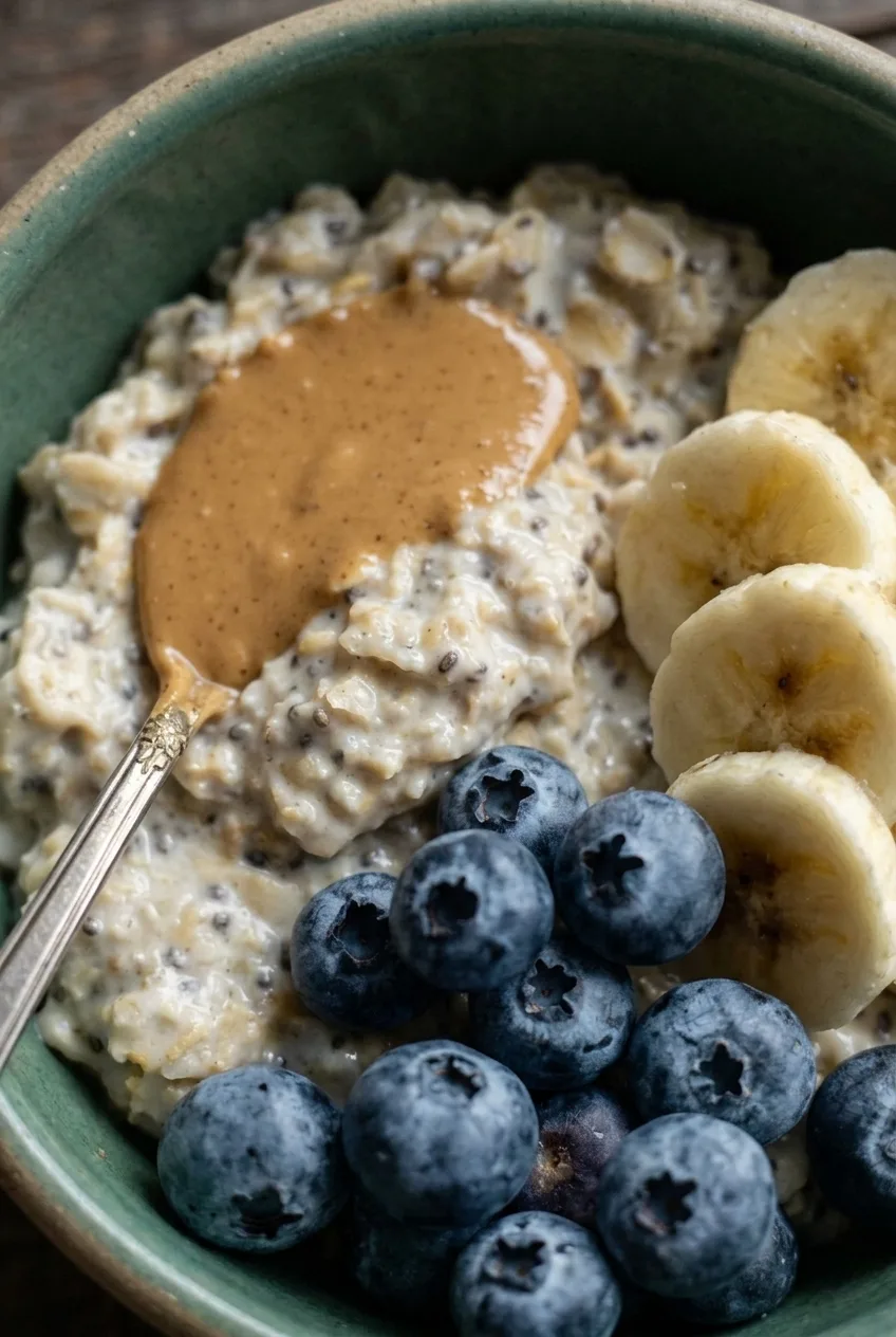 Close view of creamy overnight oats with visible flakes beside blueberries, banana, and peanut butter