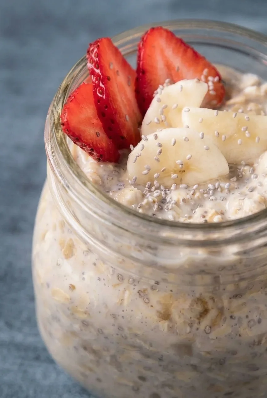 Close view of softened oat flakes and chia seeds beneath fresh strawberry and banana slices