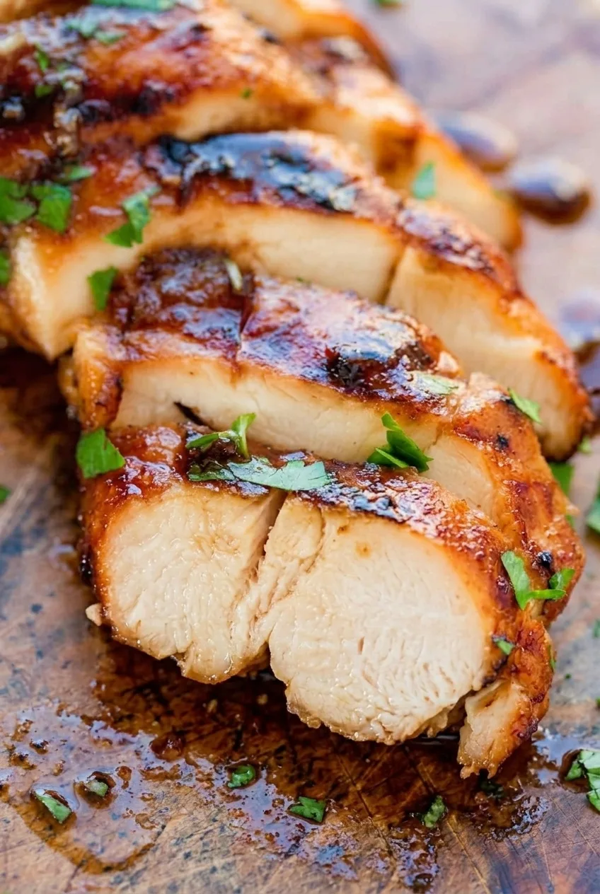 Close view of moist grilled chicken breast slices with pale interiors, charred edges, and a light glaze