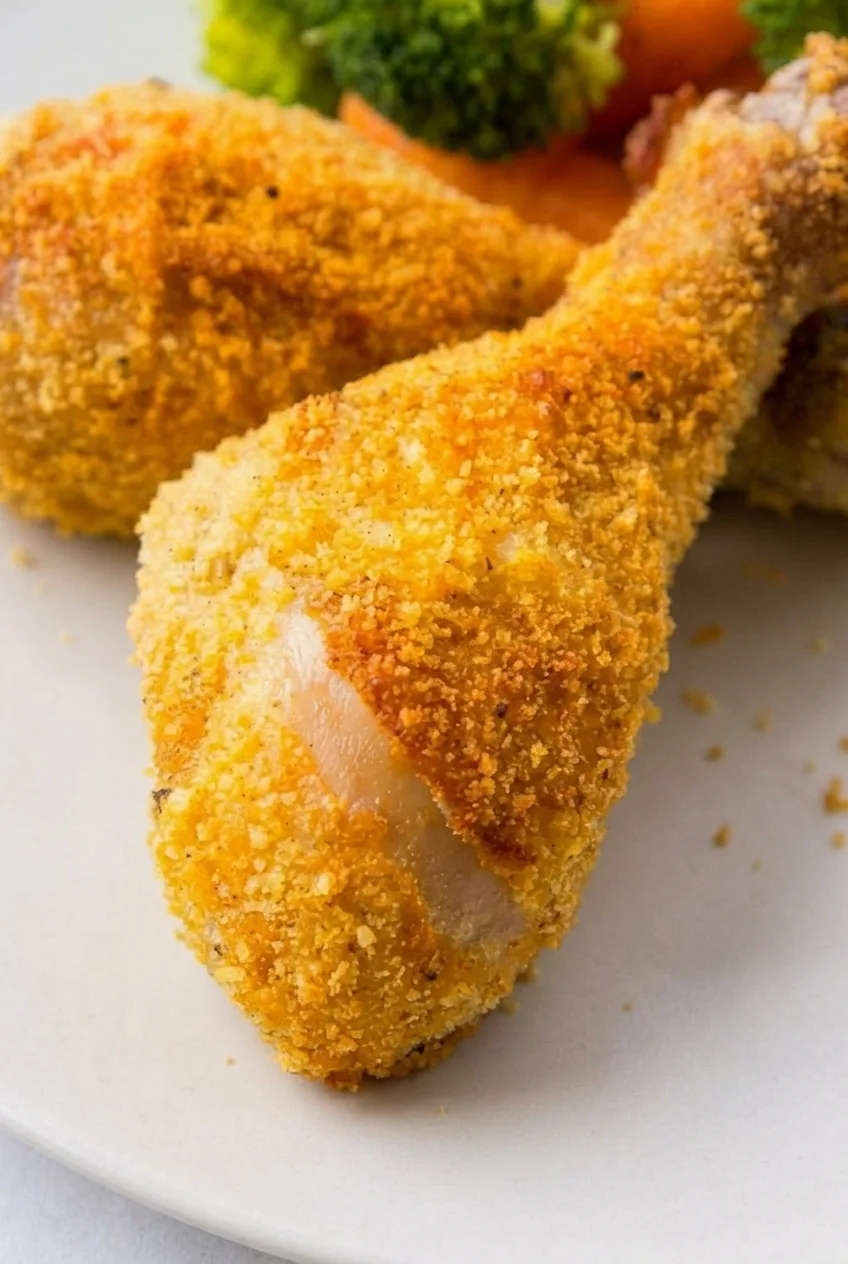 Close view of fine golden crumbs and toasted spots on a whole baked chicken drumstick