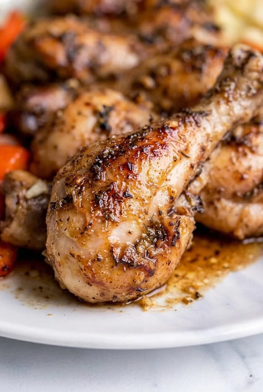 Close view of sticky brown sugar garlic glaze and caramelized patches on a whole chicken drumstick