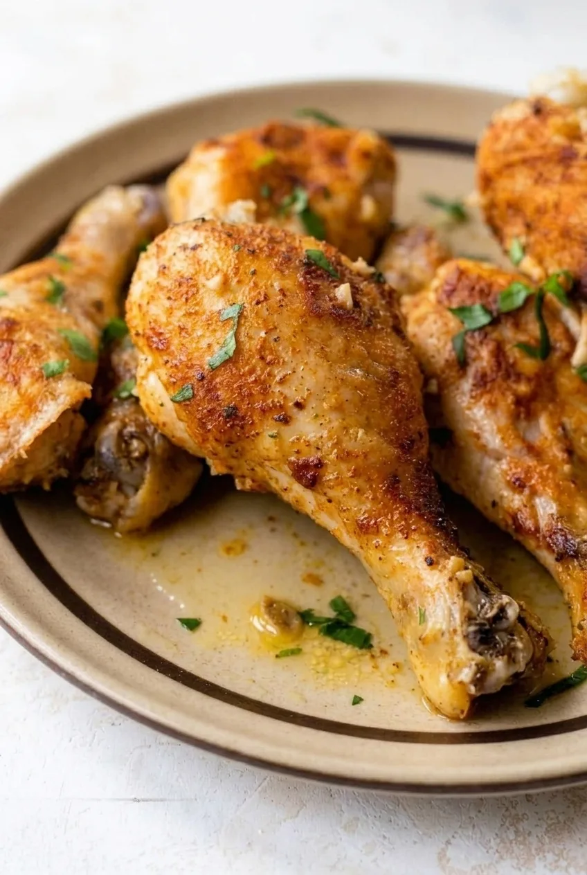 Close view of a moist, lightly browned chicken drumstick with cooked garlic and parsley