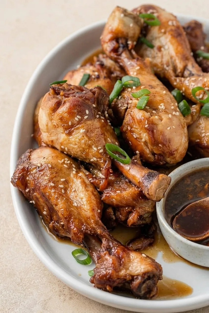 Close view of glossy roasted honey garlic chicken skin with sesame seeds and sliced green onion
