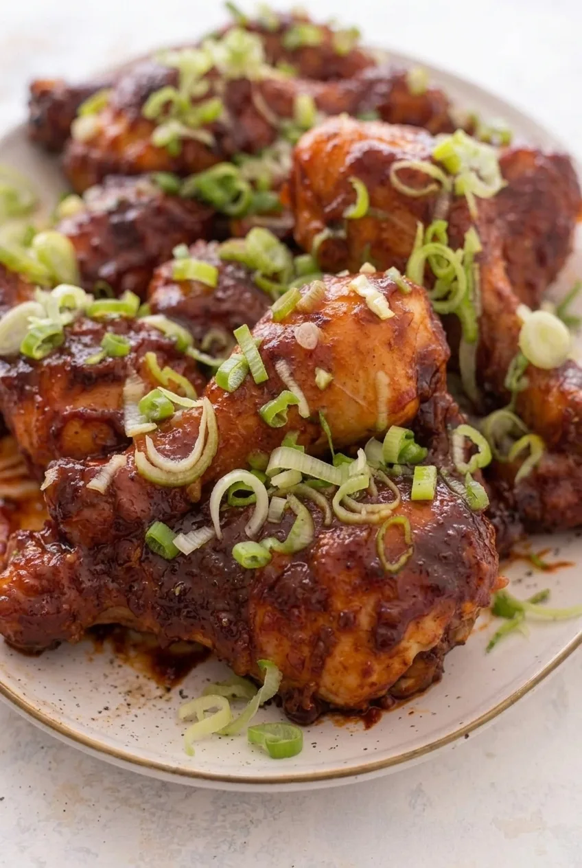 Close view of sticky BBQ glaze, caramelized edges, and green onions on whole chicken drumsticks