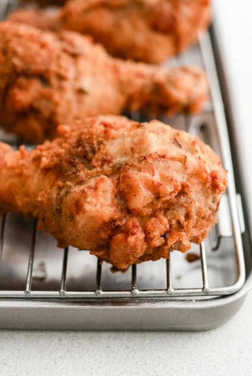 Close view of the irregular, crisp flour crust on a Southern fried chicken drumstick