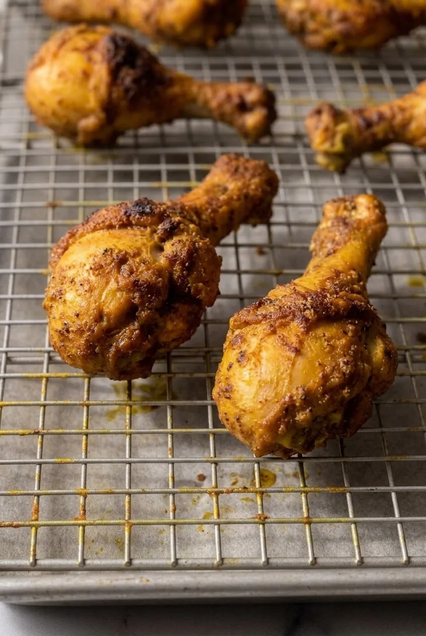 Close view of unevenly browned, pepper-speckled skin on roasted lemon pepper chicken drumsticks