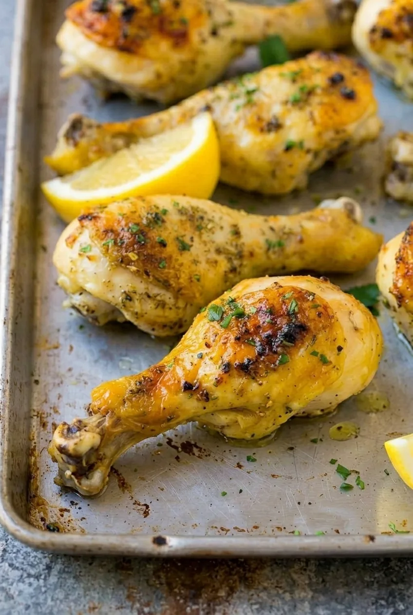 Close view of a roasted drumstick’s glossy browned skin, seasoning flecks, and chopped parsley