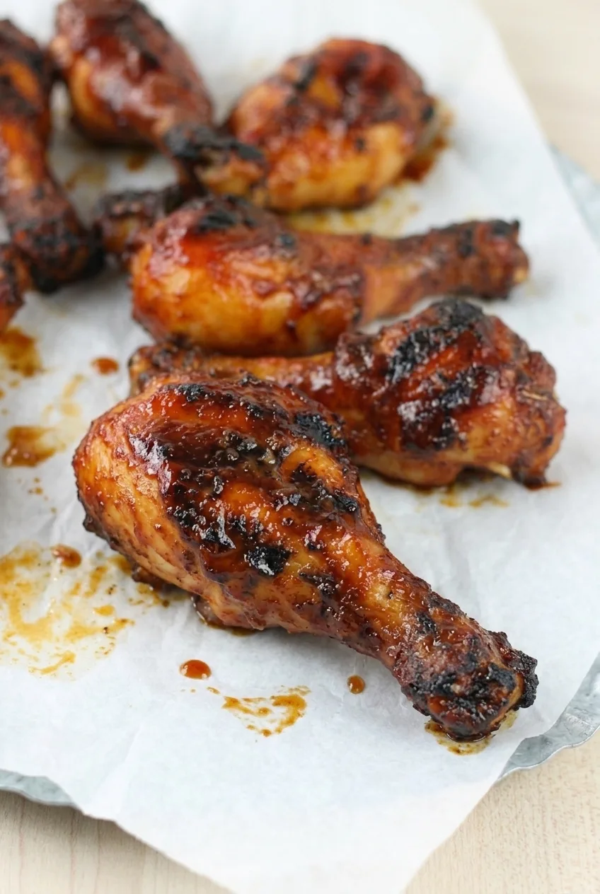 Close view of shiny BBQ glaze and irregular char on whole grilled chicken drumsticks