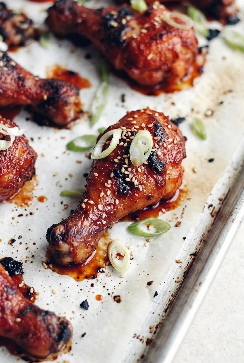 Close view of sticky red-brown glaze and caramelized spots on a sesame-topped chicken drumstick