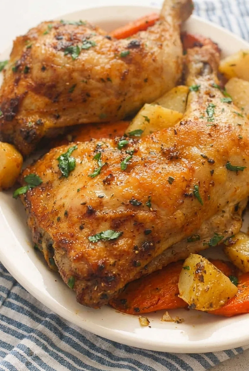 Close view of browned chicken-quarter skin beside roasted potatoes and carrots