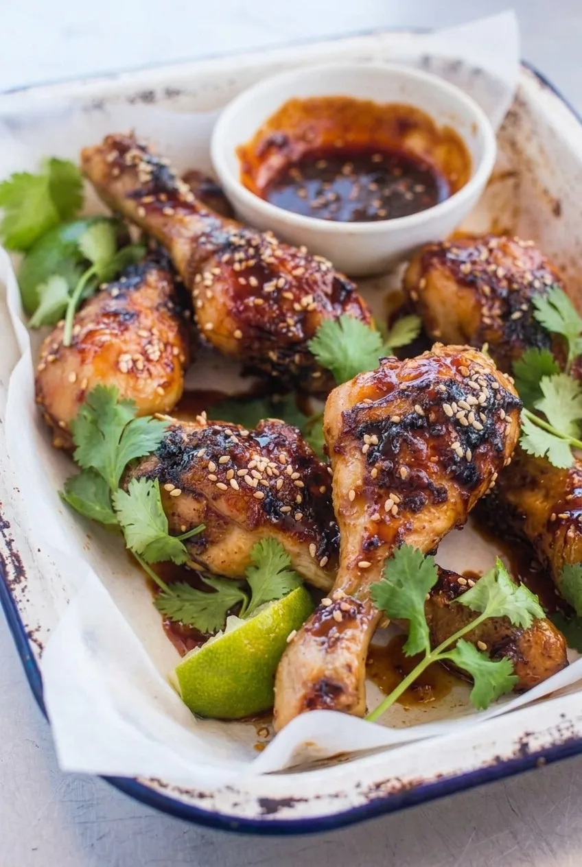 Close view of glossy glazed chicken drumsticks with sesame seeds and caramelized spots