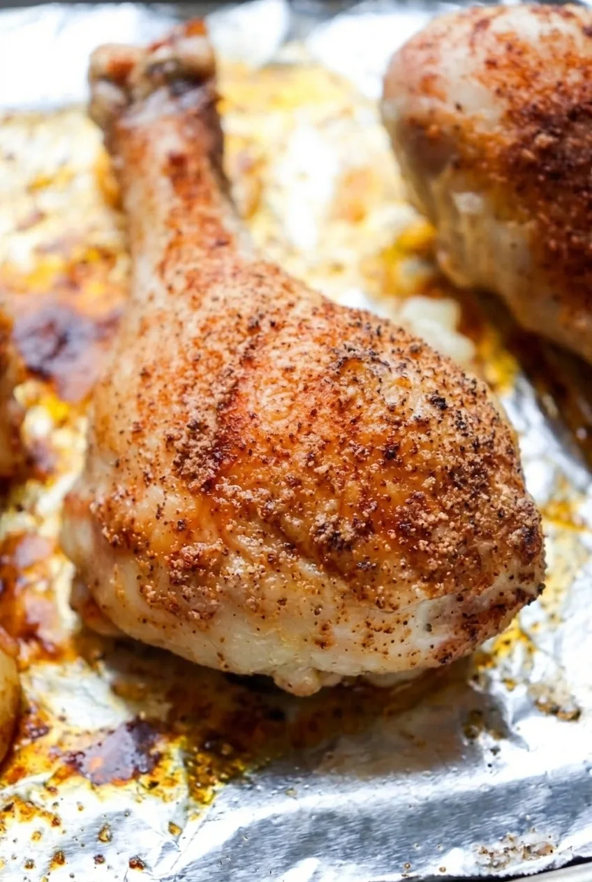 Close view of golden, reddish-speckled skin on a roasted Cajun chicken drumstick