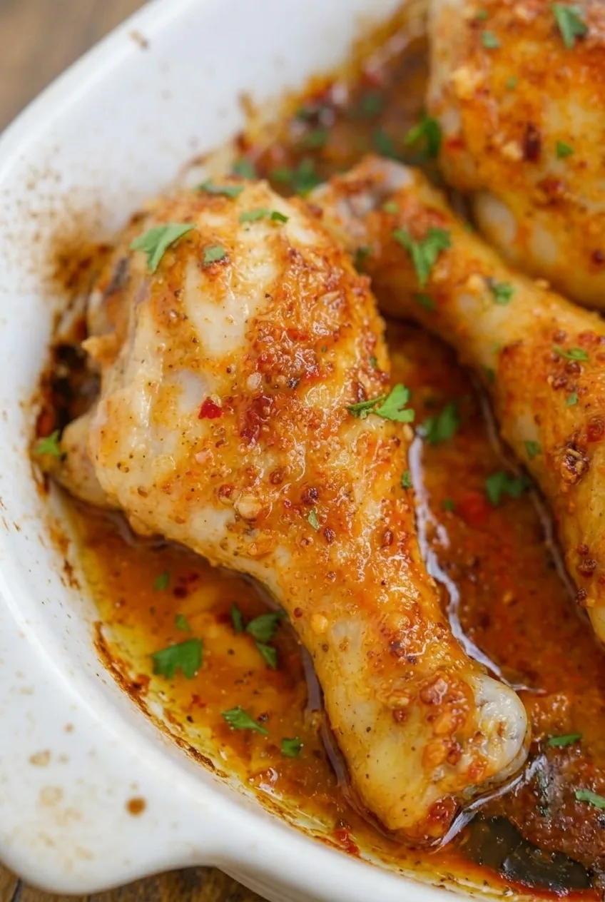 Close view of a honey mustard drumstick showing speckled glaze and unevenly browned skin
