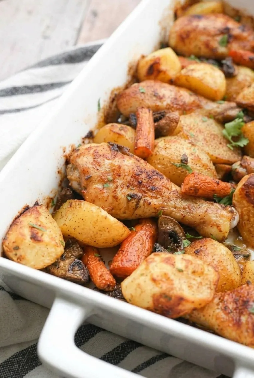 Close view of browned drumstick skin, golden potatoes, carrots, mushrooms, and shallow pan juices