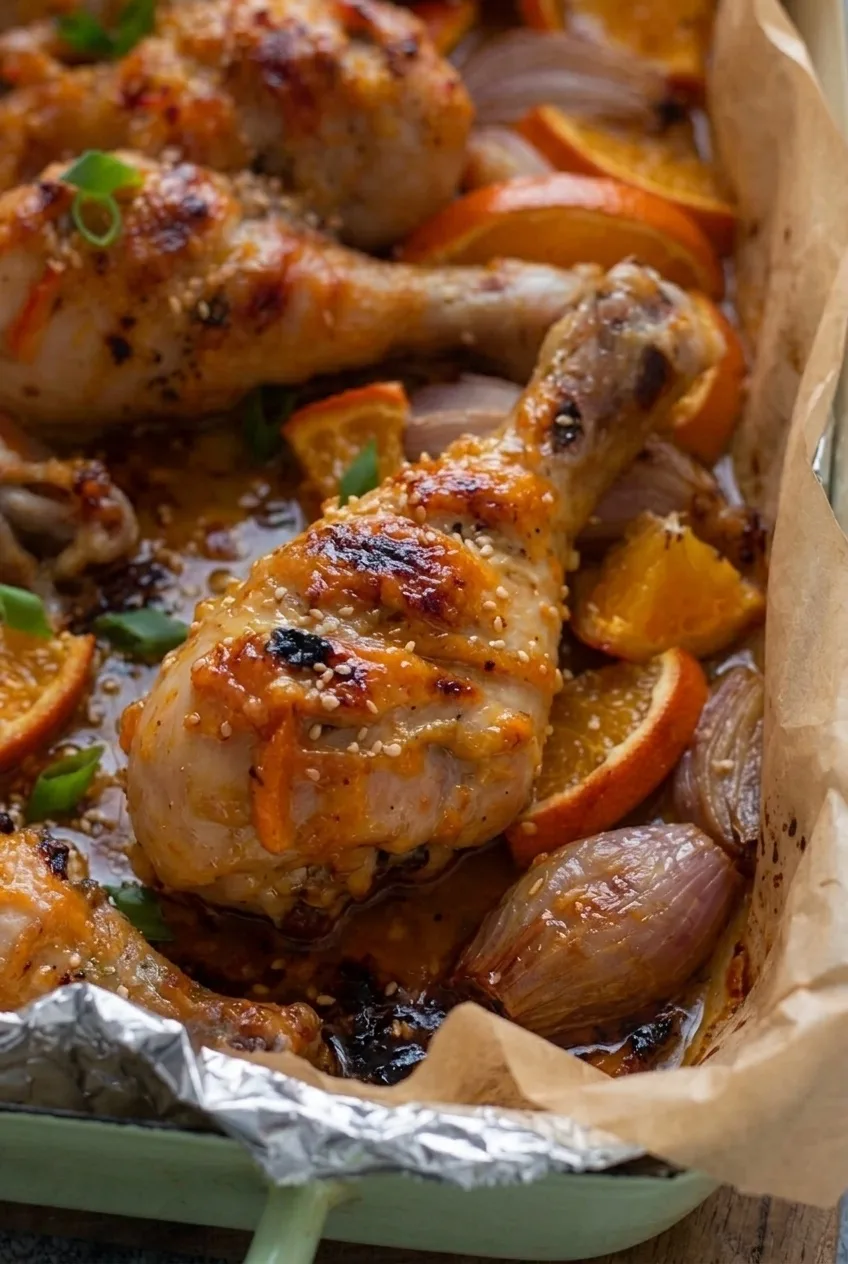 Close view of glossy glazed drumstick skin with sesame seeds, green onion, orange and shallot