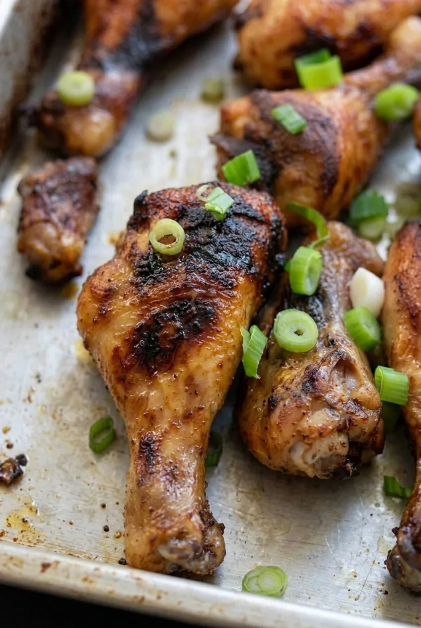 Close view of a drumstick’s browned skin, uneven blackened spice crust, and sliced scallions