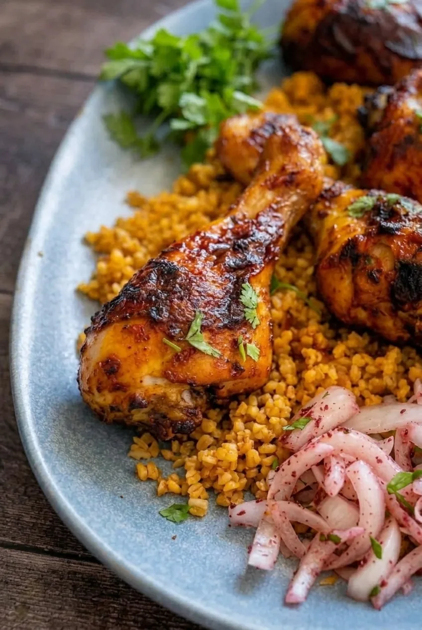 Close view of browned chicken drumstick skin and individual golden bulgur grains