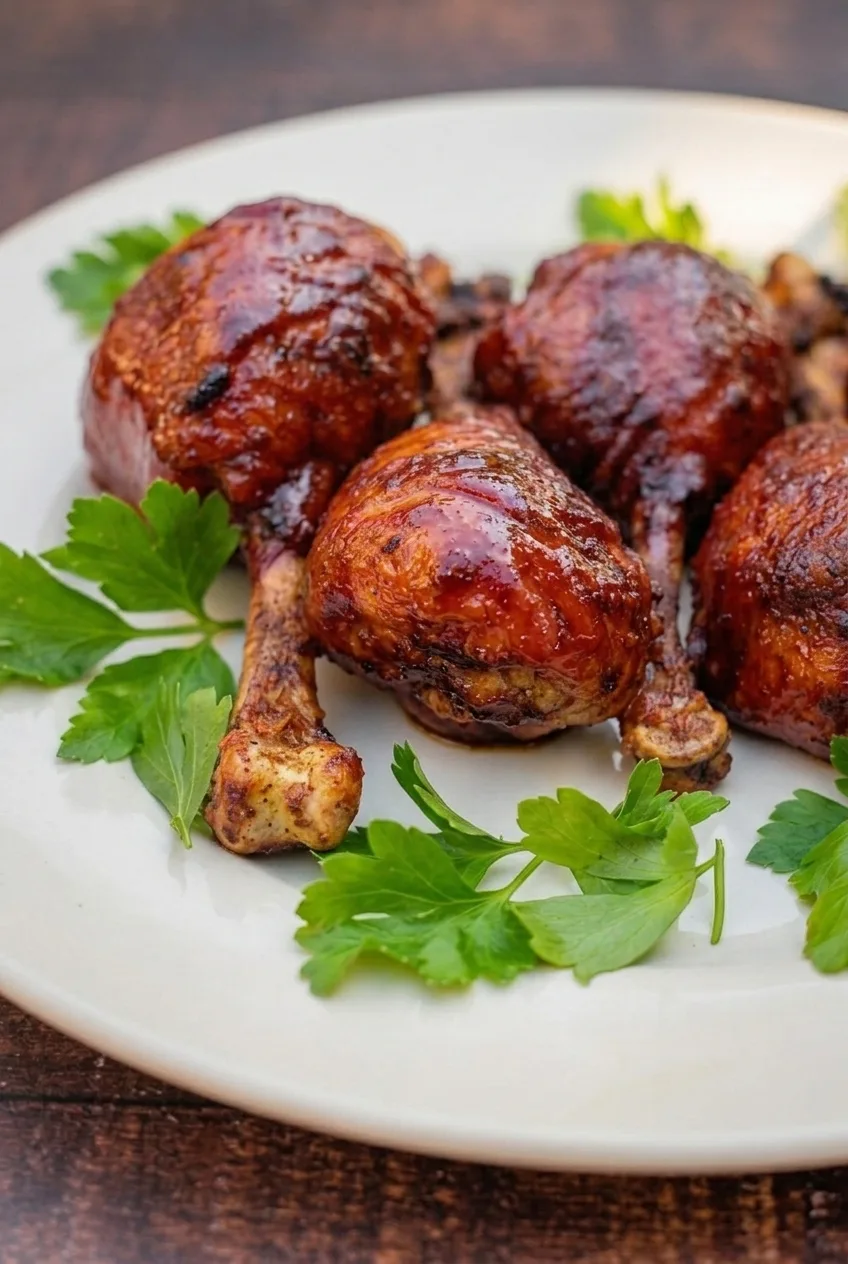 Close view of glossy barbecue glaze on a chicken lollipop drumstick beside its exposed bone handle