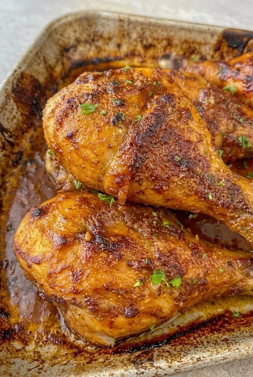 Close view of glossy browned drumstick skin, fine Parmesan, parsley flecks, and cooked juices