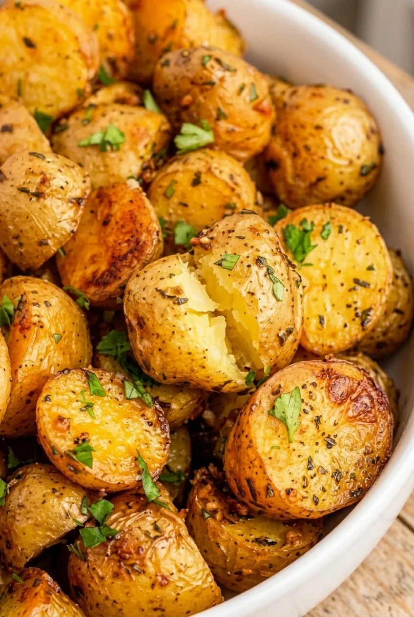 Close view of browned roasted potato cut faces and a split piece showing its tender center
