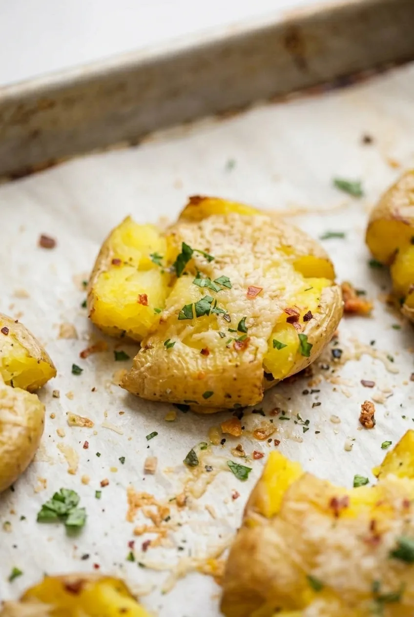 Close view of a smashed potato’s fluffy yellow center, browned edge, Parmesan, and parsley