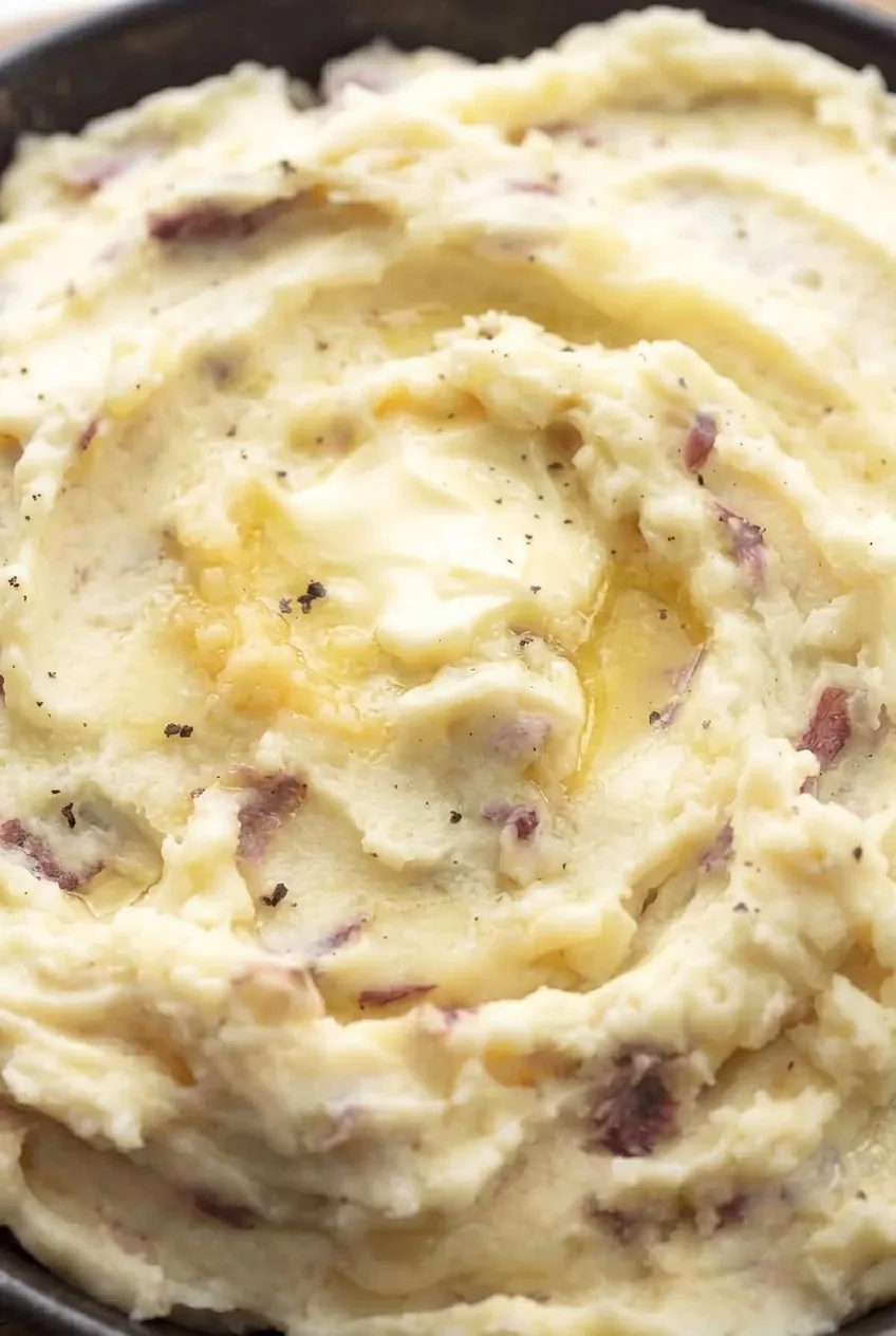 Close view of melted butter among creamy mashed potato ridges, red skin pieces, and black pepper