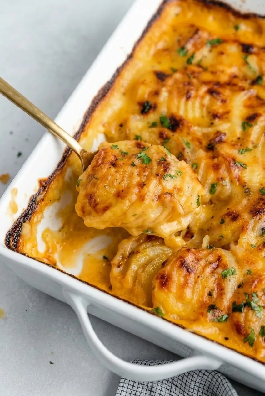 Close view of tender potato layers lifted from the gratin, with creamy Cheddar sauce between the slices