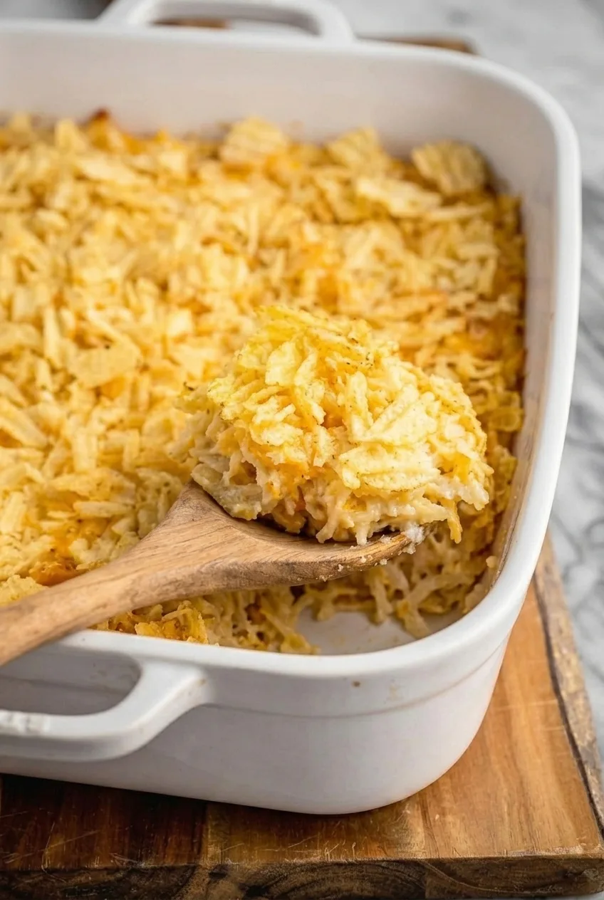Close view of creamy shredded hash browns and golden ridged chips on a lifted spoonful
