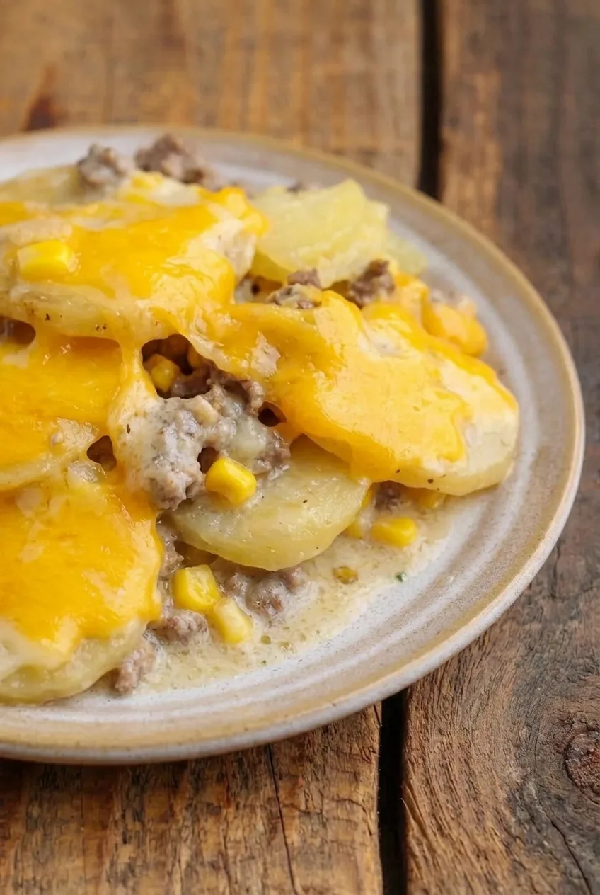 Close view of potato slices layered over beef and corn in creamy sauce beneath melted cheddar