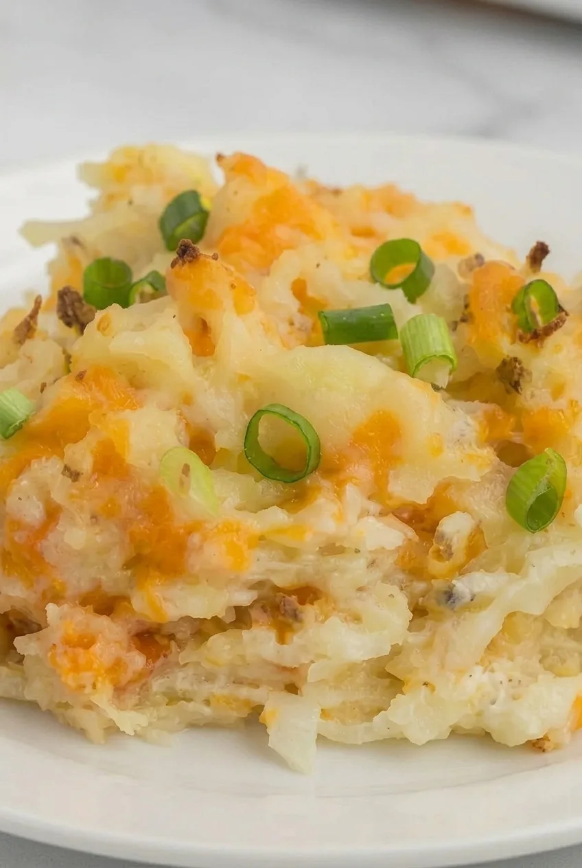 Close view of creamy potato shreds, melted cheddar, browned edges, and green onion in Potatoes Romanoff