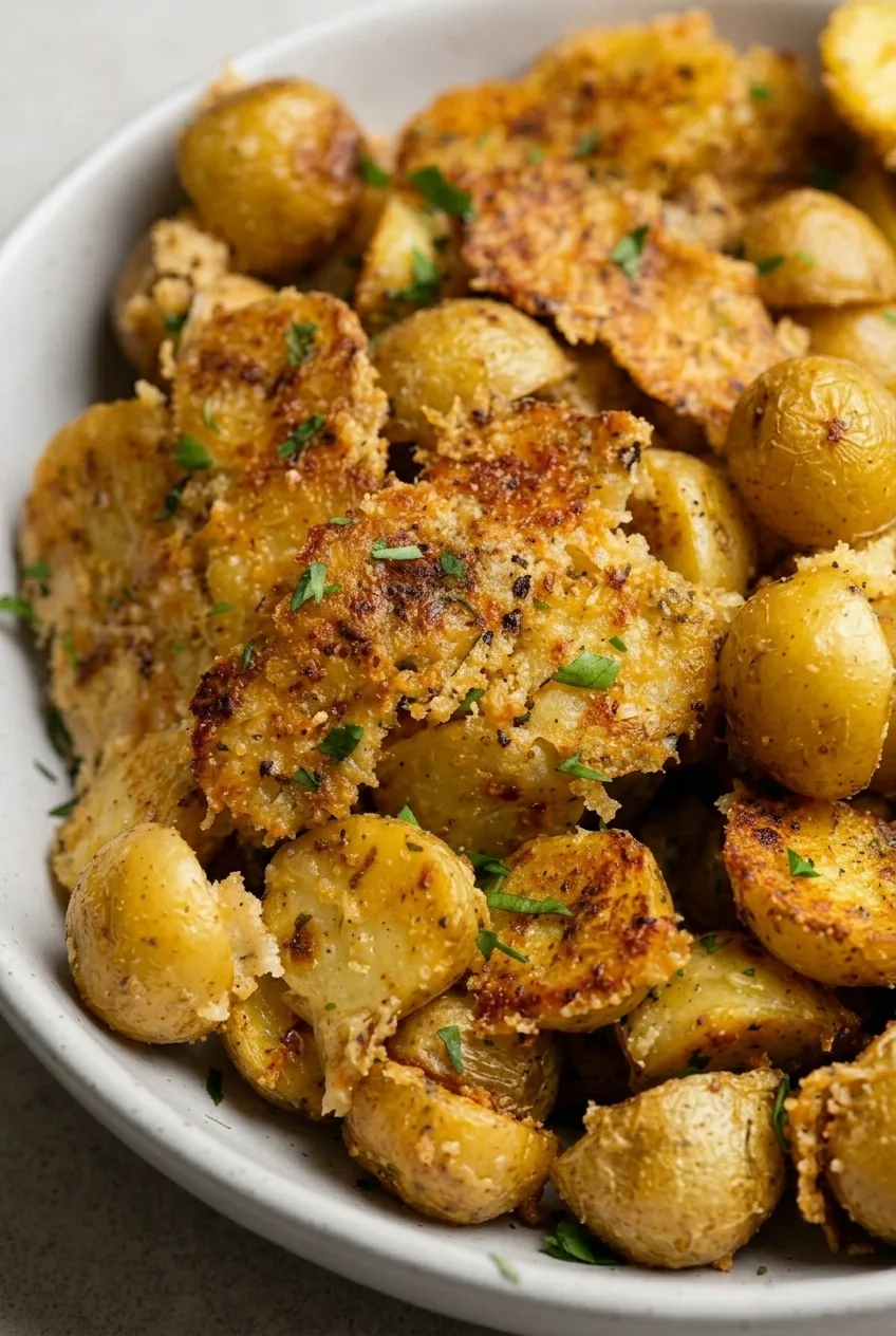 Close view of a potato half with craggy Parmesan crust, a tender yellow center, and parsley flecks