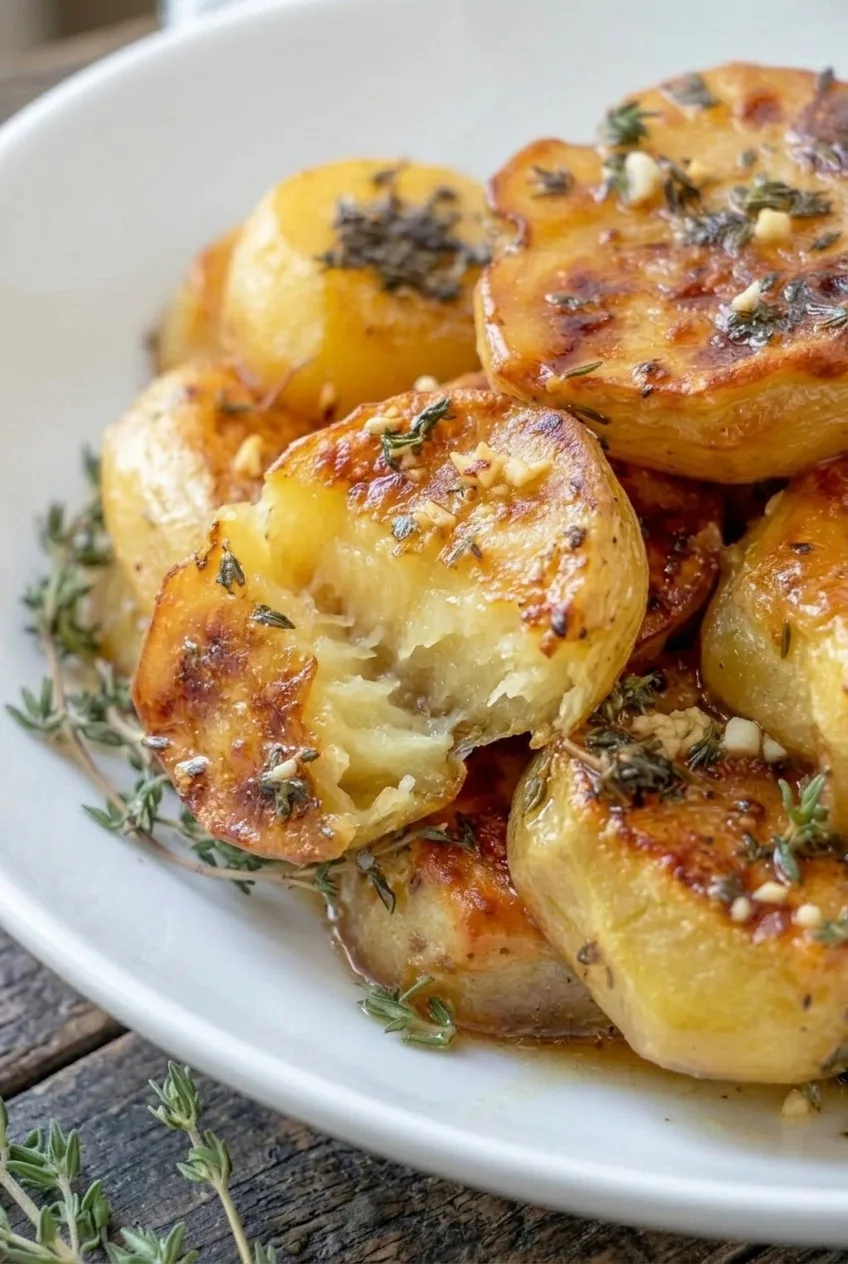 Close view of a browned melting potato round opened to show its creamy center