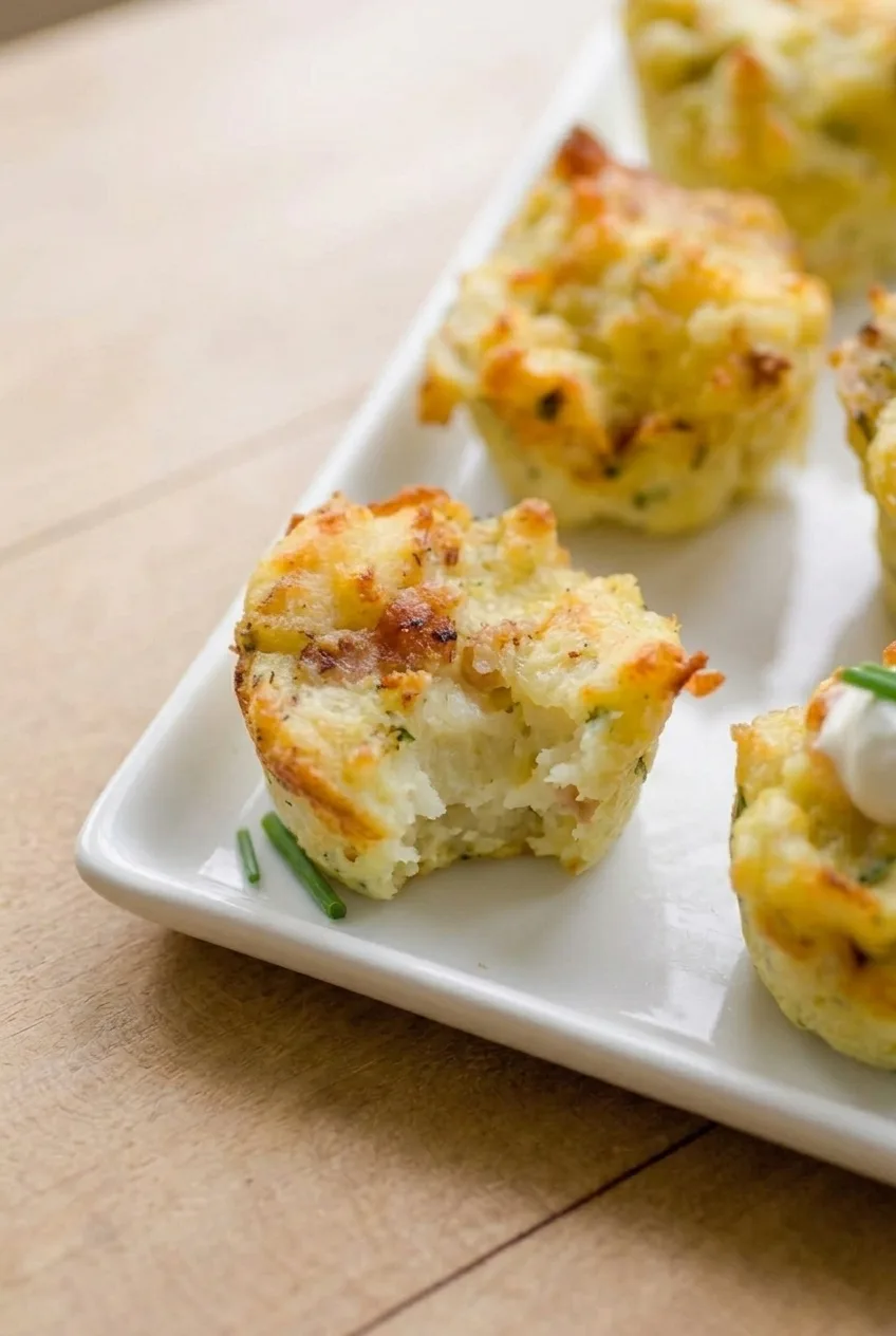 Opened mashed potato puff showing its soft interior beside craggy, golden Cheddar-topped puffs