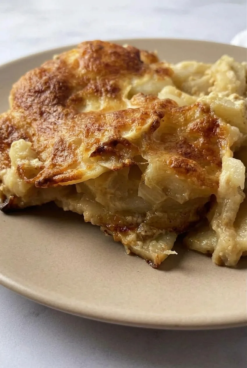 Close view of creamy potato slices beneath the browned Gruyère topping