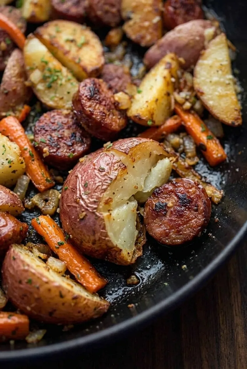 Close view of a tender red potato wedge beside browned kielbasa rounds and carrot strips