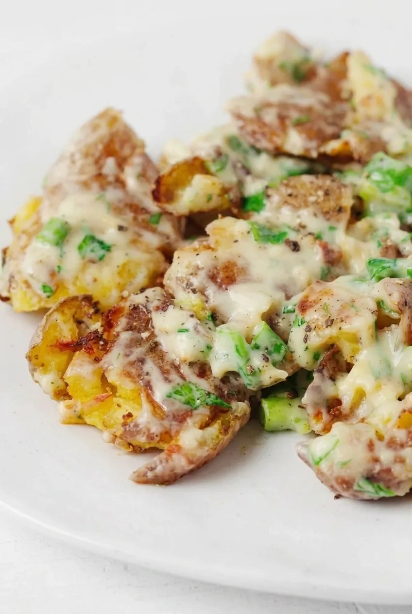 Close view of browned smashed potato edges and yellow centers beneath creamy dressing and scallions