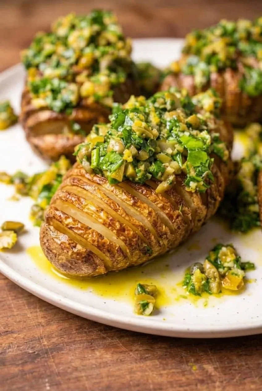 Close view of browned Hasselback slices beneath chunky green herb and olive dressing