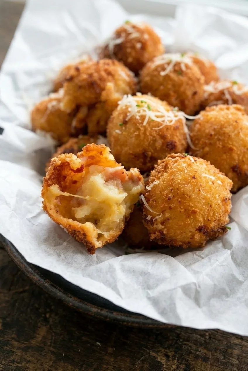 Close view of a broken loaded mashed potato bite showing its coarse panko crust and creamy bacon filling.