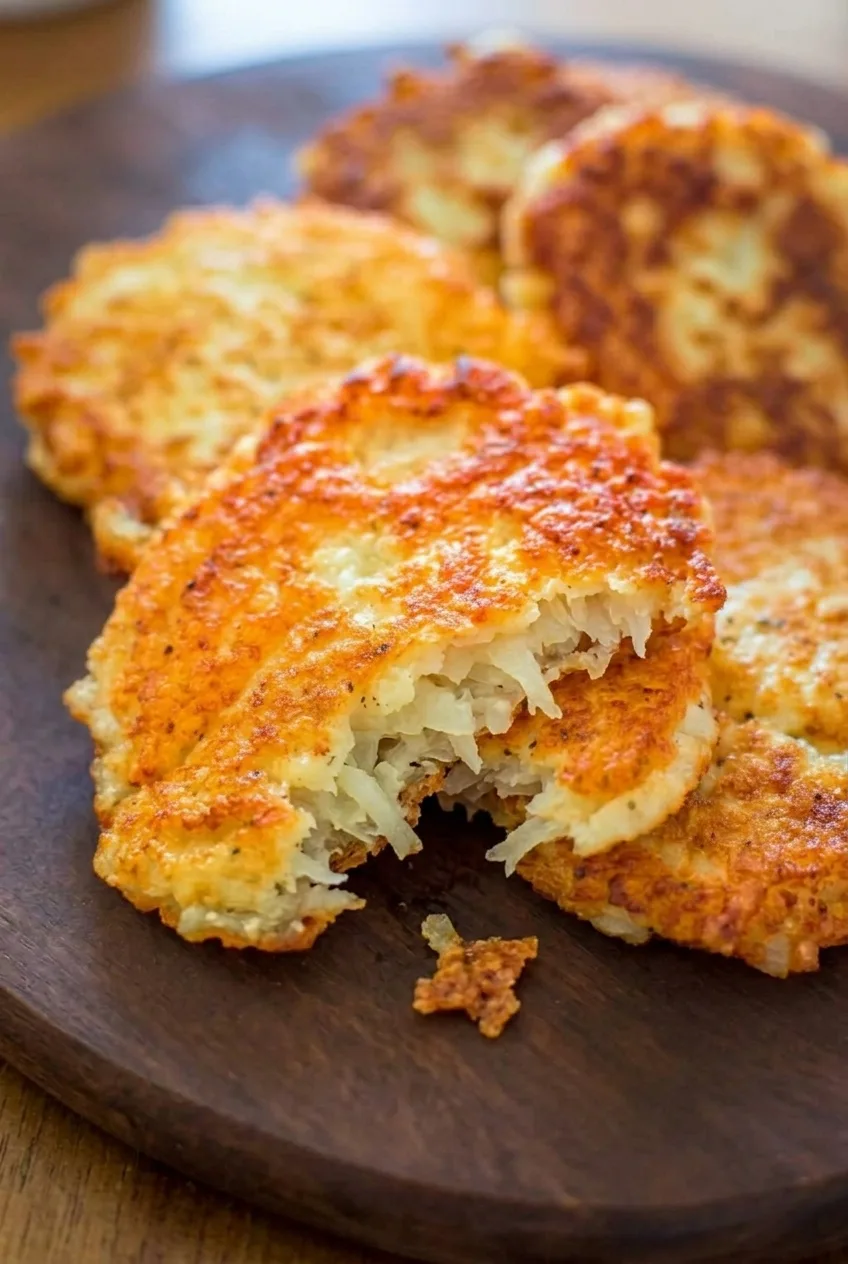 Close view of a broken potato pancake showing tender shreds beneath its browned crust