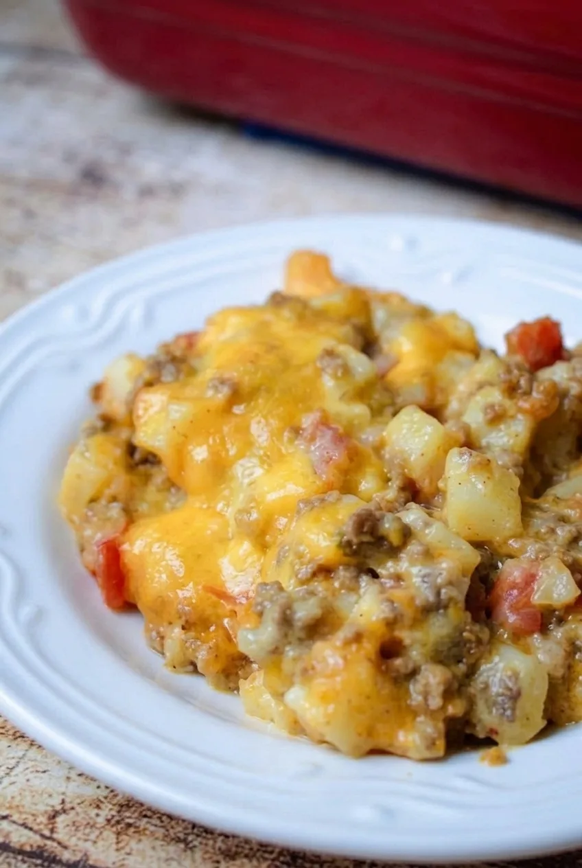 Close view of potato cubes, ground beef, and tomato pieces coated in creamy sauce and melted cheddar