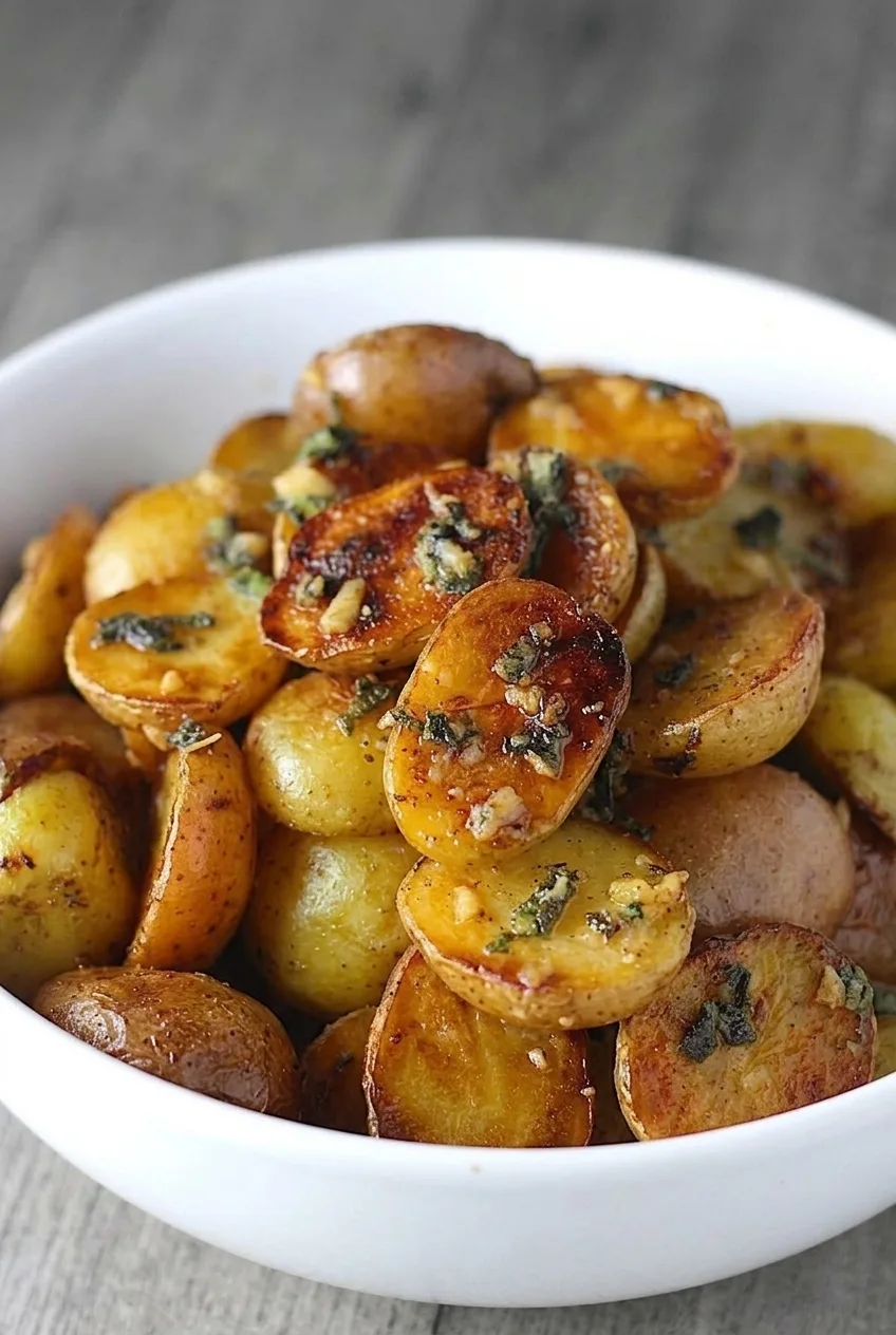 Close view of a browned baby potato half with intact skin, garlic pieces, and sage-flecked butter
