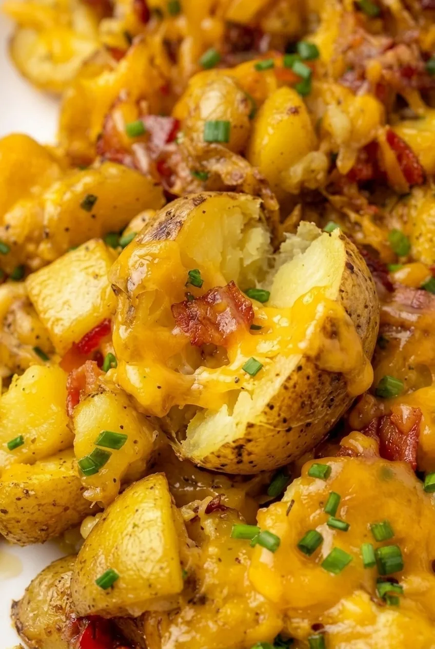Close view of a tender potato interior with browned skin, melted cheddar, bacon, and chives