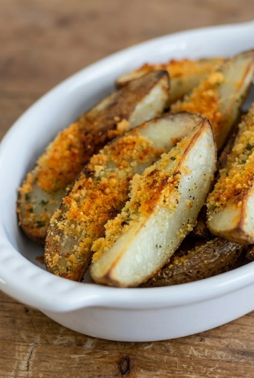 Close view of a potato wedge showing toasted Parmesan bits, browned skin, and a pale tender center